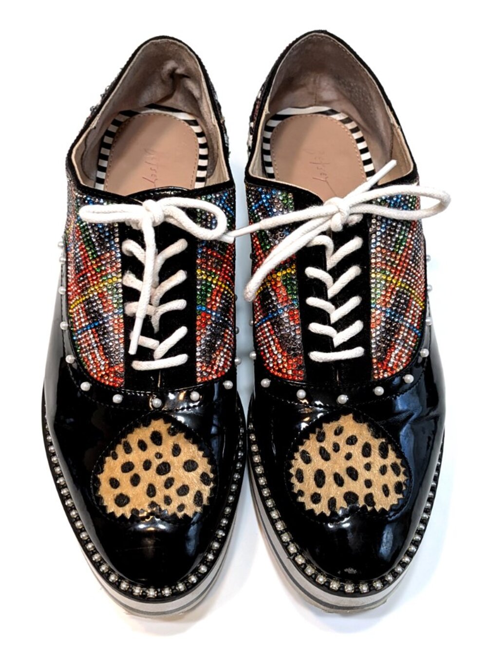 Betsey Johnson Multicolor Beaded Black Patent Platform Oxfords - Picture 2 of 7